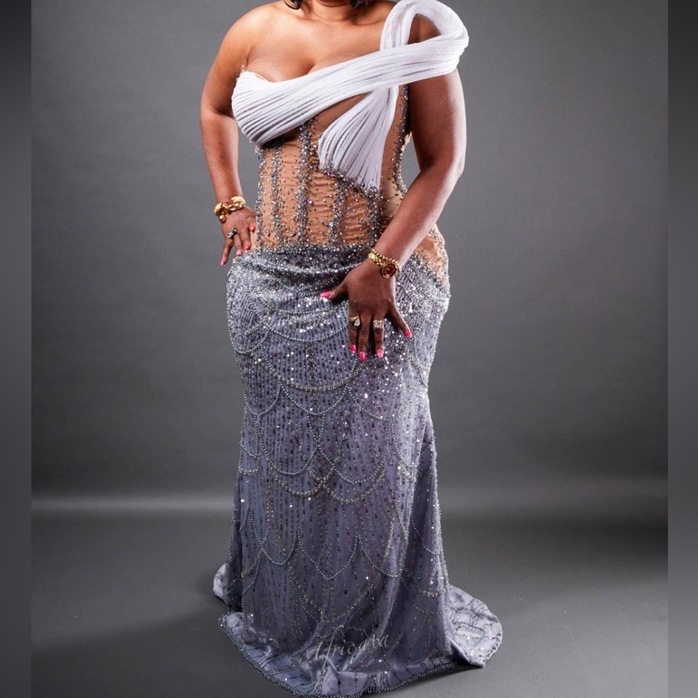 Elegant Silver and White Evening Gown